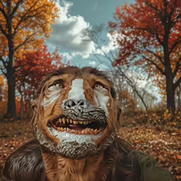 a painting of a dog looking up at the camera