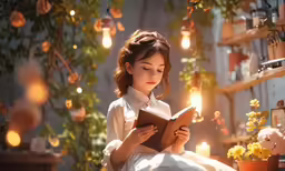 a girl reading a book and looking at it