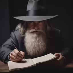a bearded man is writing with a black hat