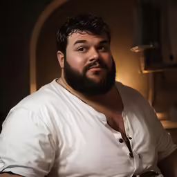 a man with dark hair, beard and white shirt is posing for a photo