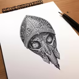 a pen and ink drawing of a skull wearing a helmet