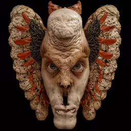 an altered photo shows a monster like mask with feathers on its head