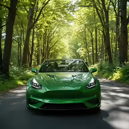 the green sports car is going down the road in the woods