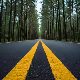an open road with two yellow lines and a forest line on one side