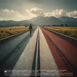 an advertisement with a man walking down the road
