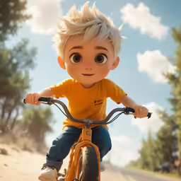 a child on a bike in the sand with sky in background