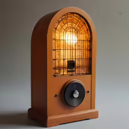 a clock shaped radio with a light shining on top