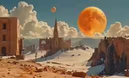 the surreal landscape shows a mountain town and two huge moon like objects