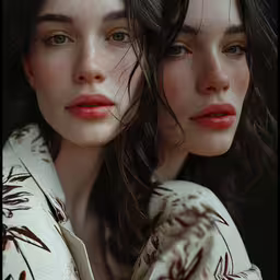 two women are wearing brown leaves on their shirts,two women with long brown hair are looking at the camera