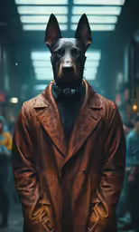 the dog is wearing a brown leather coat
