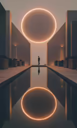 a person standing in a swimming pool near a round light