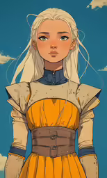 a girl with white hair and yellow dress stands in the sky