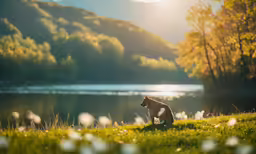 a dog is sitting and gazing at a lake