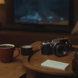 a coffee cup, camera, and note sitting on a table