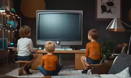 three children sitting on chairs looking at a tv