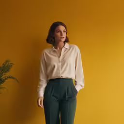 a woman is standing in front of a yellow wall