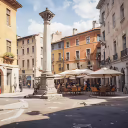 outdoor dining in a square at the end of a sidewalk