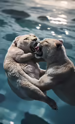 two polar bears are swimming in an artificial pool