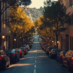 a city street that is lined with cars and some buildings