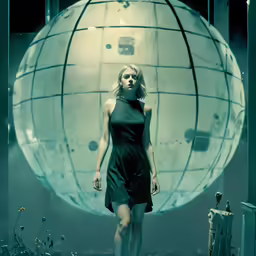 a woman in a dark green dress stands on a stage