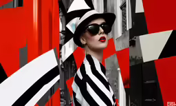 a person wearing black glasses and a striped dress