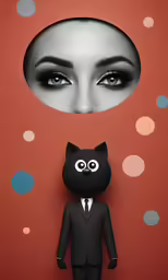 a woman with big eyes standing in front of a black cat