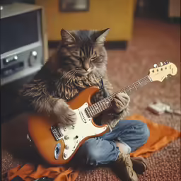 a cat sitting on the floor playing a guitar