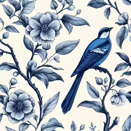 a blue bird and flowered branch on a white background