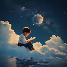 a painting of a child in the clouds reading