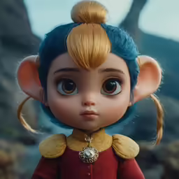a cartoonish little girl with blond hair and big eyes
