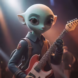 a cartoon character holding a guitar and posing for a photo