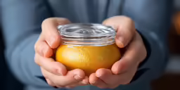 a person holding a jar with an orange