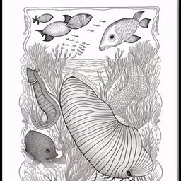 sea life drawing in pencil, with fish