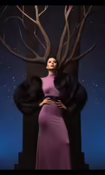 woman posing with dress and black fur over dark background