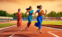 two women run on a red and black race track,three female runners running in a race on a track