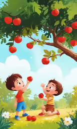 a couple of kids sitting on top of a field next to apples
