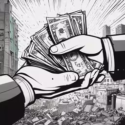 an illustrated drawing of a hand holding several bills in front of city,a hand is holding up money in a city