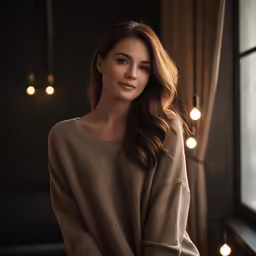 a woman standing in front of a window wearing a sweater