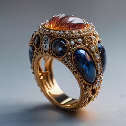 an ornate ring with a stone center and multicolored stones