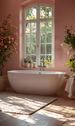 a bathtub sits under a window, near two potted plants