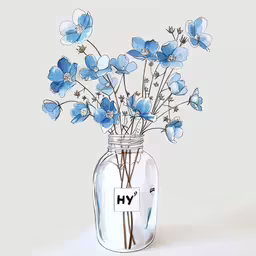 a vase filled with blue flowers with a label that says hv,a vase that has some flowers in it
