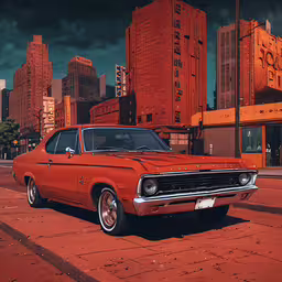 an old fashioned orange car parked in a parking lot,an old red car parked in a parking lot next to tall buildings