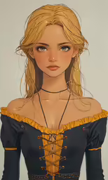 a girl with long blonde hair wearing blue and yellow dress