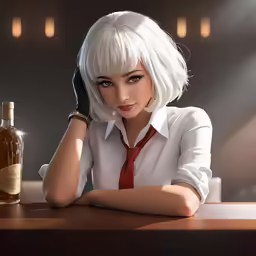a woman with a tie and shirt sitting next to a wine bottle