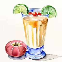 a watercolor painting of a cup of fruit juice,a watercolor painting with a drink, an orange, and a piece of lime