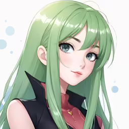 a anime avatar with green hair, wearing black