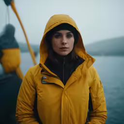 a woman wearing yellow coat standing by a boat