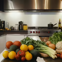 vegetables are arranged on the counter in the kitchen
