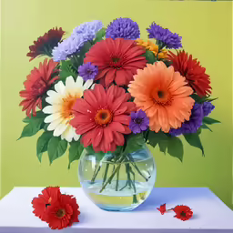 painting of red, purple and white daisies in a vase