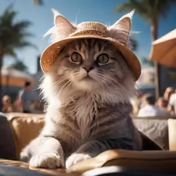 the cat is wearing a hat by the beach